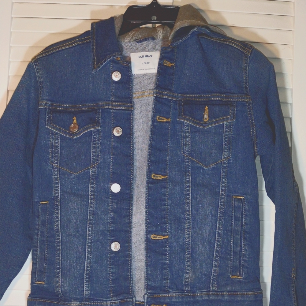 Jean jacket with grey hoodie